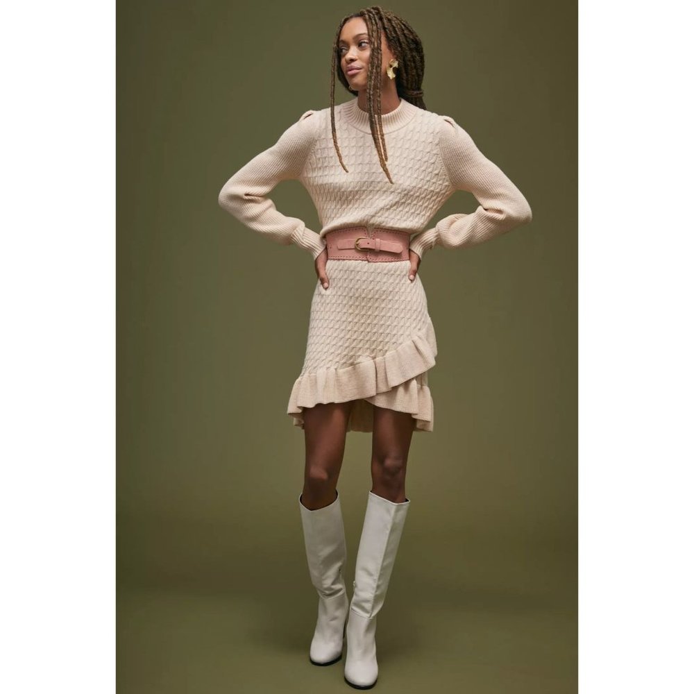 Anthropologie Flat White Ruffled Knitted Mini Dress